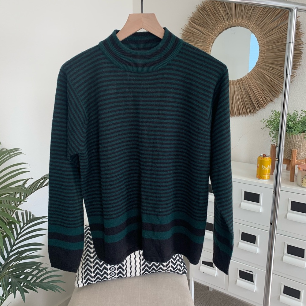 🪴$5/25🪴 Vtg Sag Harbor Black Green Striped Mock Turtleneck Sweater Petite Large